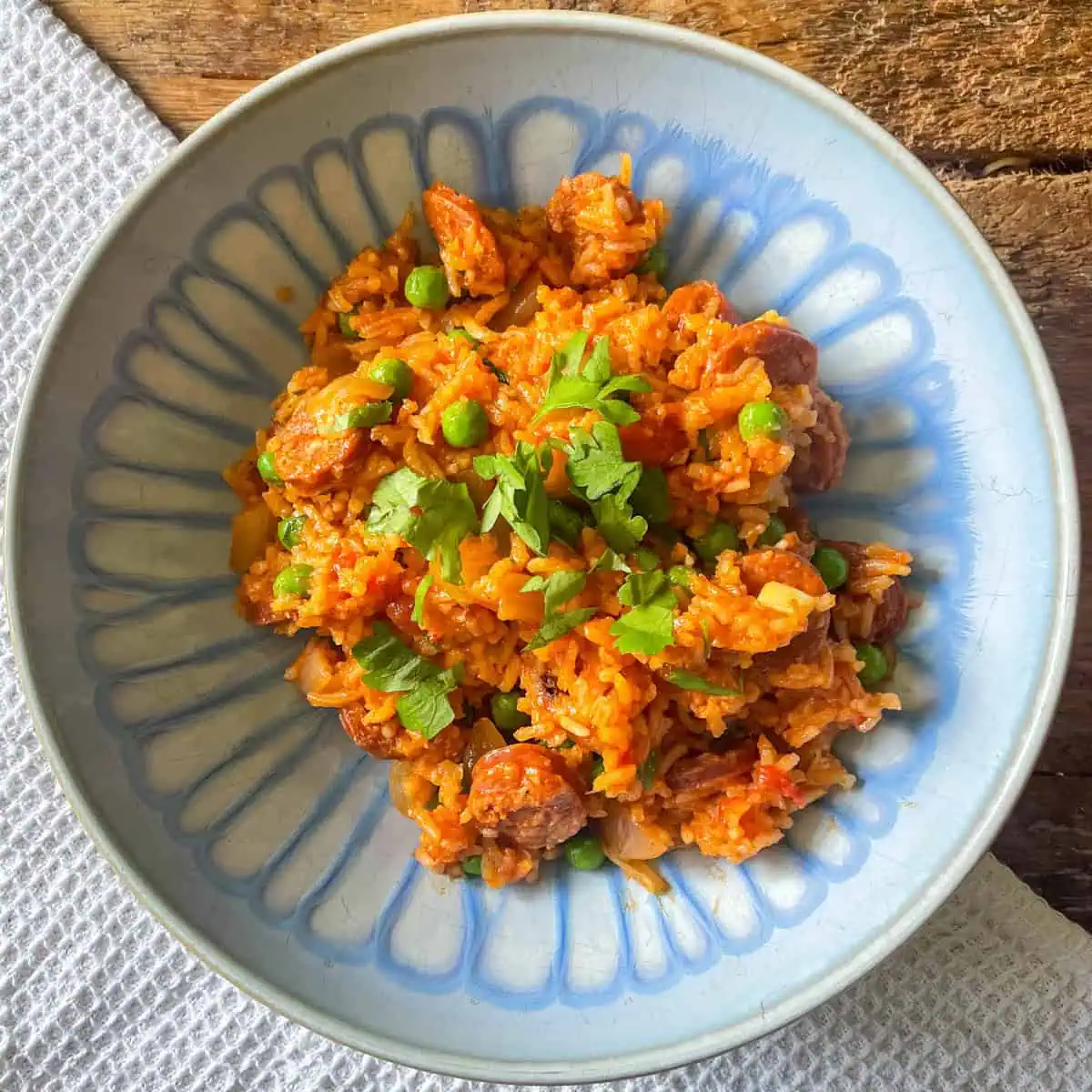 Chorizo and pea pilaf Top view