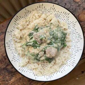 Lamb and spinach whole spice curry in a white bowl with rice