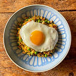 Top view of vegetarian Nasi goreng with fried egg