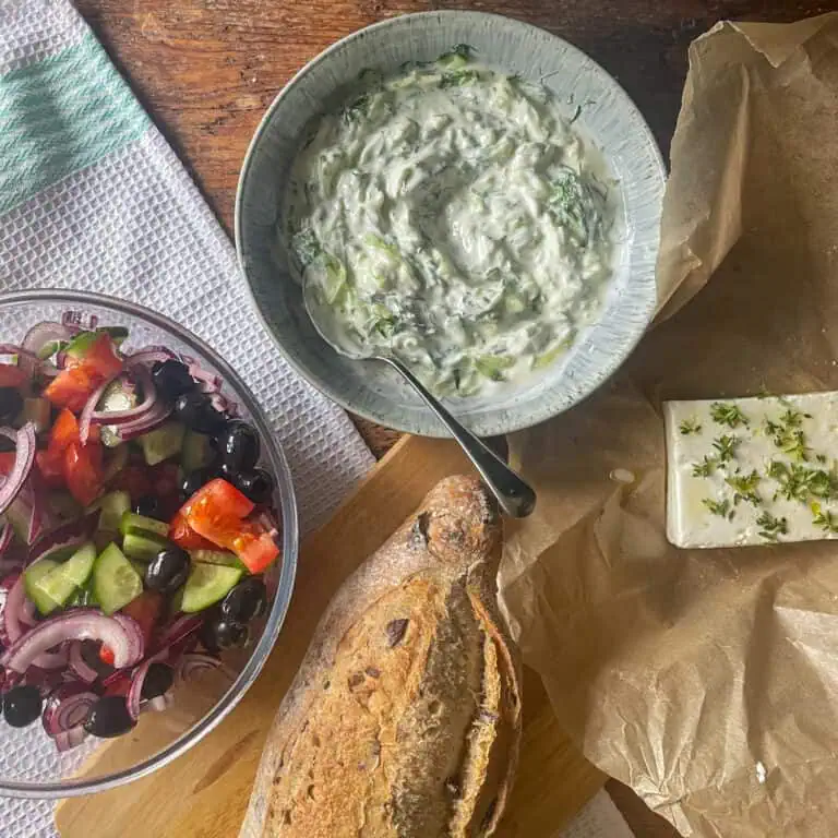 Greek Salad with Baked Feta and Tzatziki
