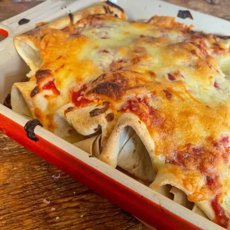 Close-up of smoky vegetable enchiladas in a red baking dish