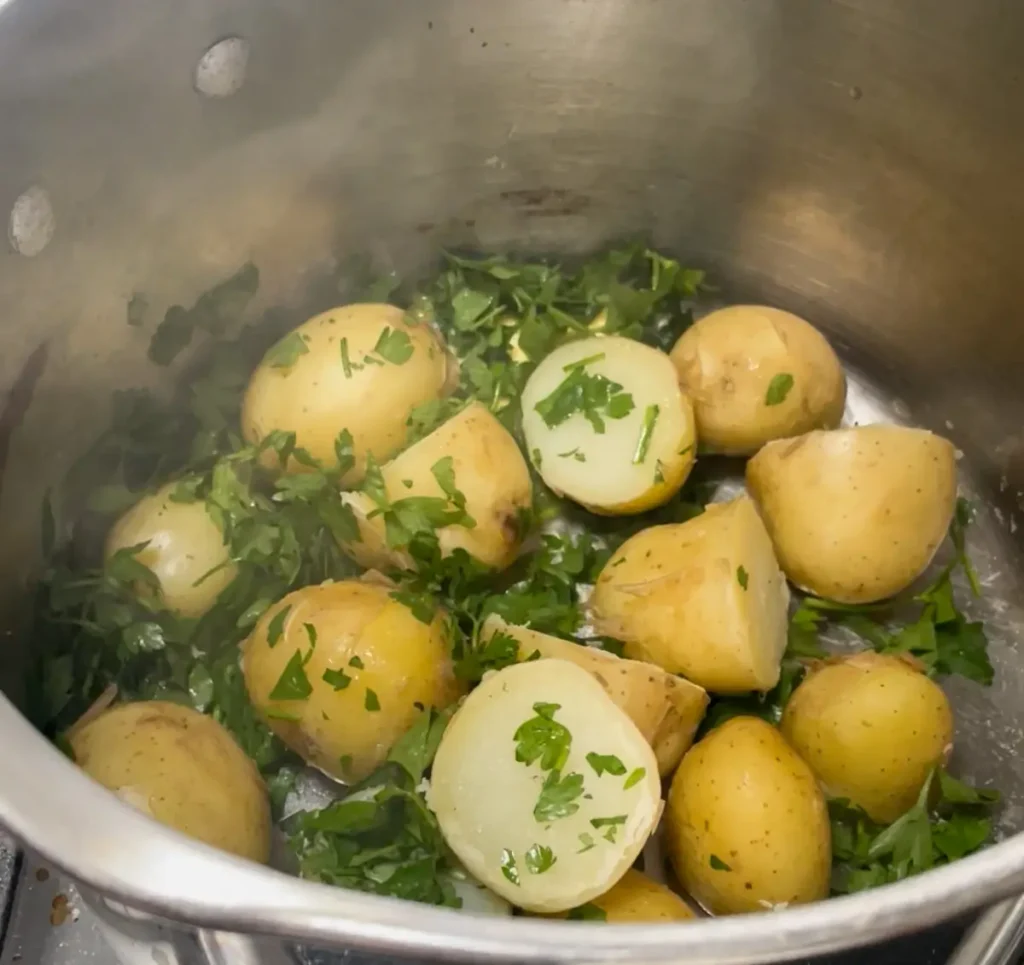Process shot 2 - making the baby potatoes with butter and parsley