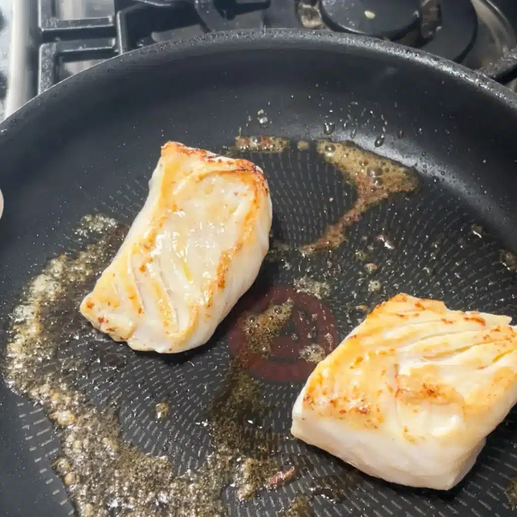 Process shot 3 - pan frying the cod