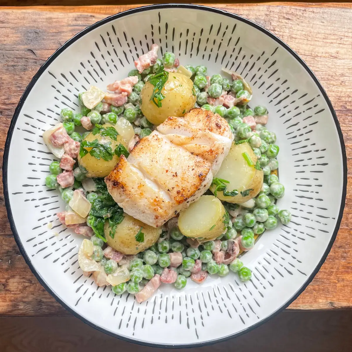 Pan Fried Cod with Potatoes and Peas