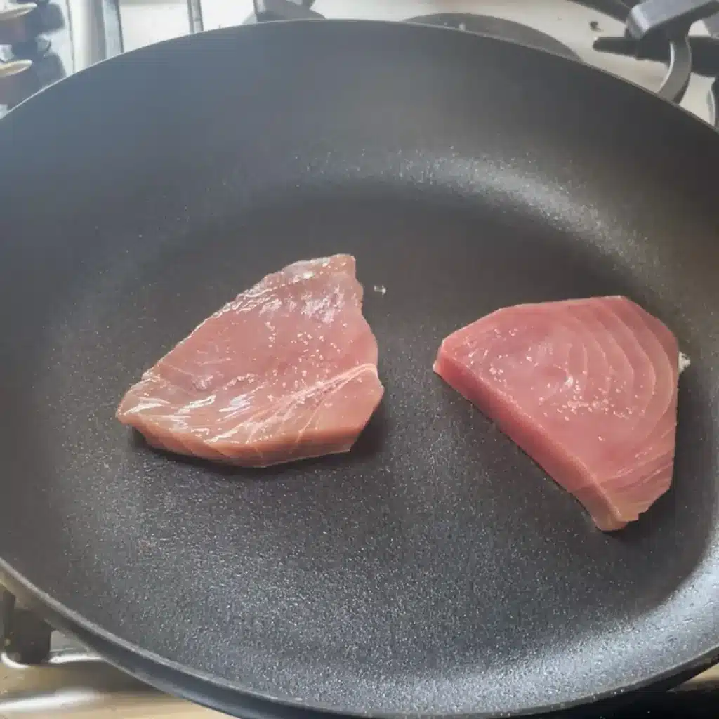 Seared tuna process shot 3 - searing the tuna in a hot pan