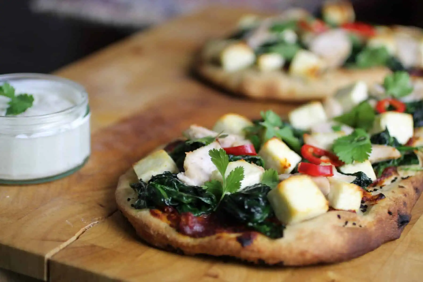 Chicken, Spinach and Paneer Naan Pizzas