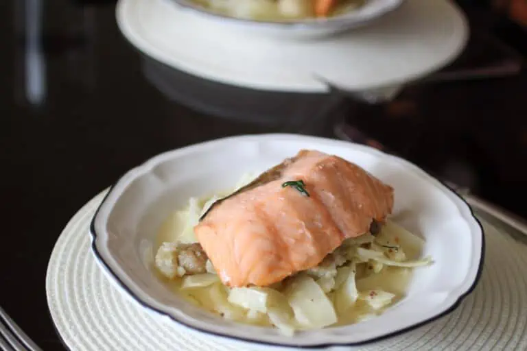 Lightly Smoked Salmon Fillets with Crushed New Potatoes and Mustard Cabbage