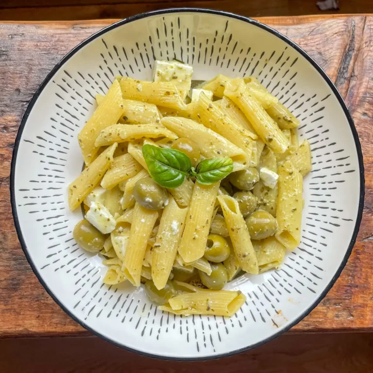 Pesto Pasta with Feta and Green Olives Recipe