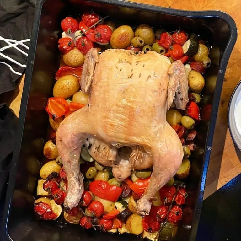 One Pan Mediterranean Roast Chicken and Vegetables with Garlic Yoghurt