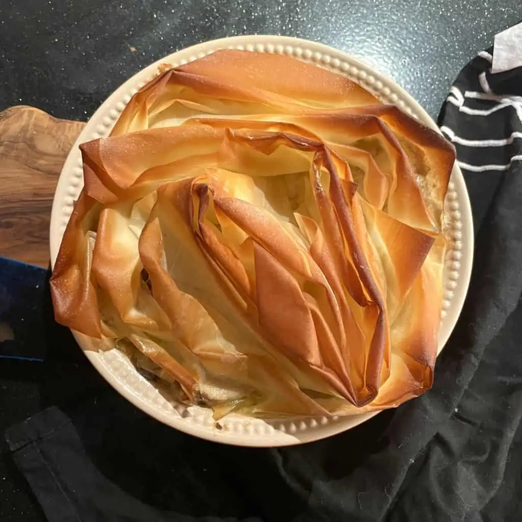 roast chicken, mushroom and leek pie topped with filo pastry