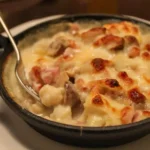 cauliflower pancetta and mushroom cheesy bake with a fork