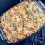 overhead shot of golden cheesy bolognese pasta bake