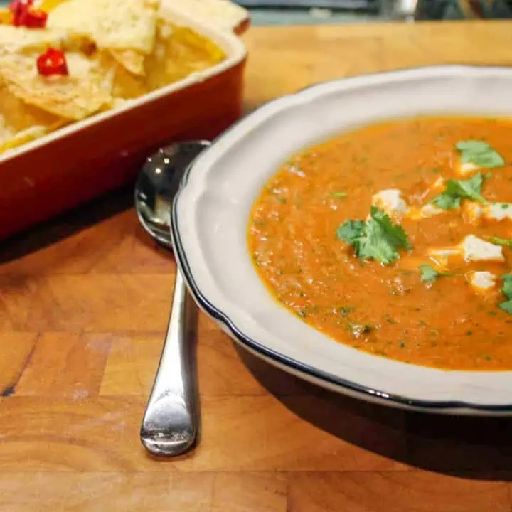 Tomato, Red Pepper and Coriander Soup with Nachos