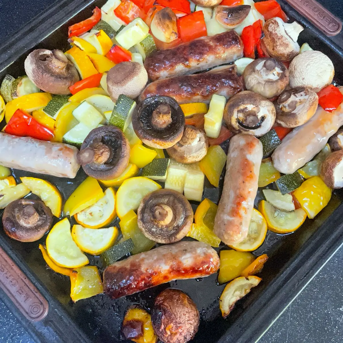 One Pan Hot Honey Sausage and Vegetable Tray Bake