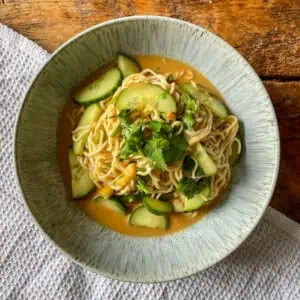 Creamy soy and cucumber noodles Top view