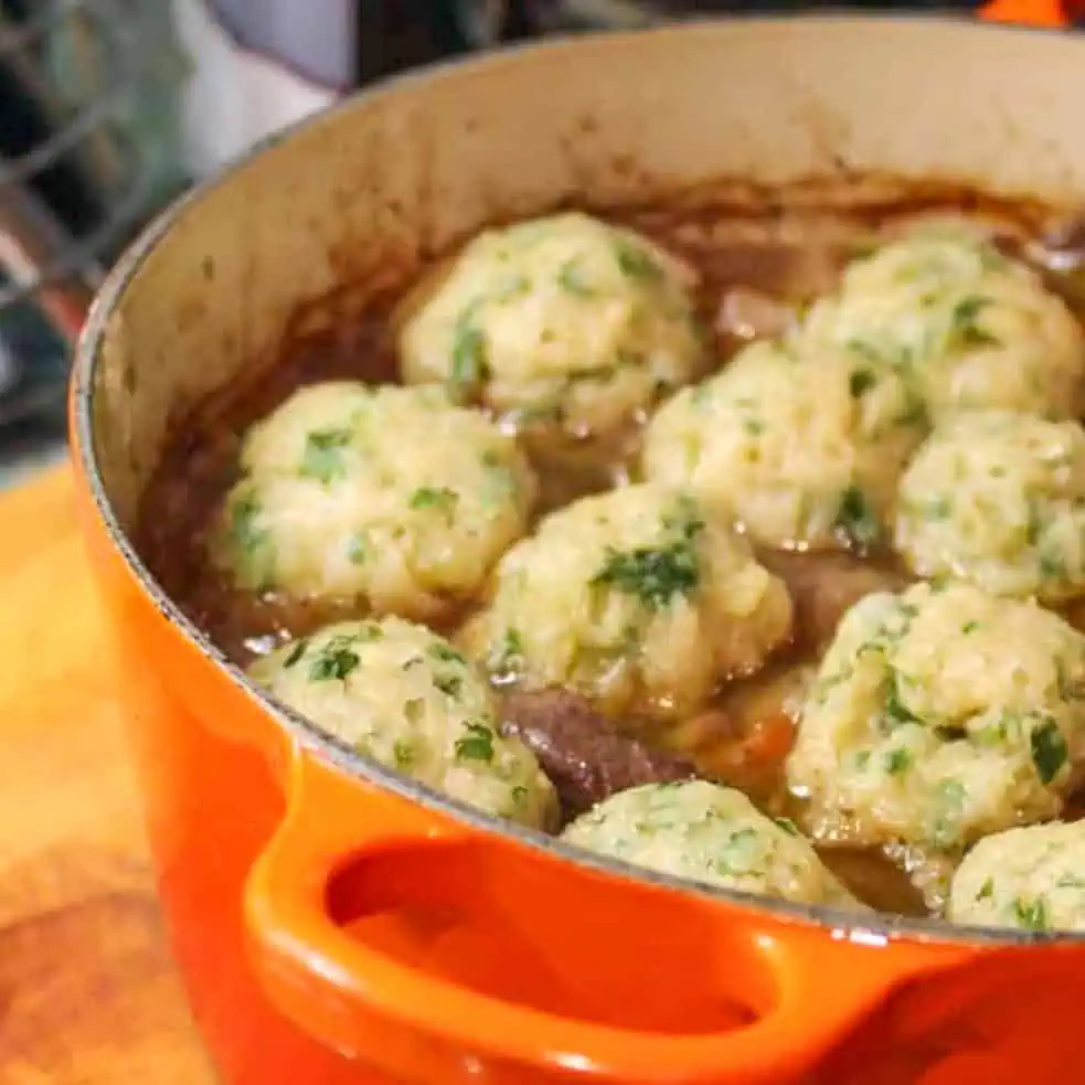 Beef stew with parsley dumplings Close up