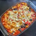 overhead view of mediterranean vegetable tortelloni pasta bake