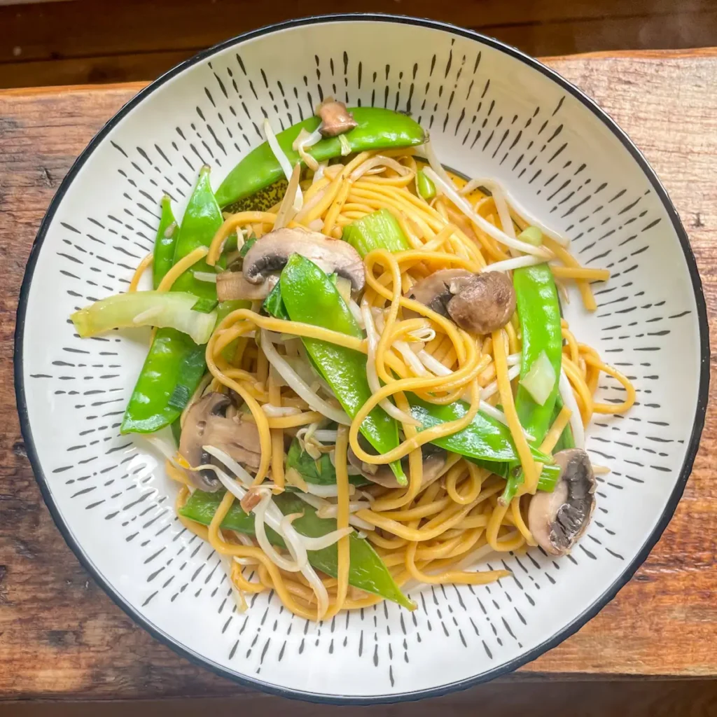 vegan mushroom chow main ready in 15 minutes