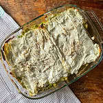 Asparagus pea and pesto lasagne top view