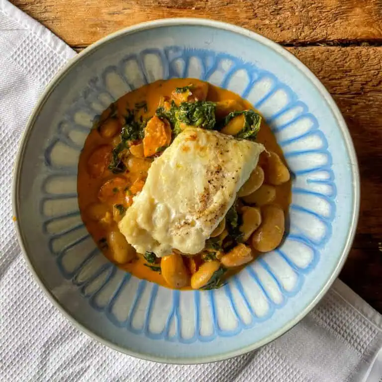 Baked Cod with Creamy Chorizo Beans