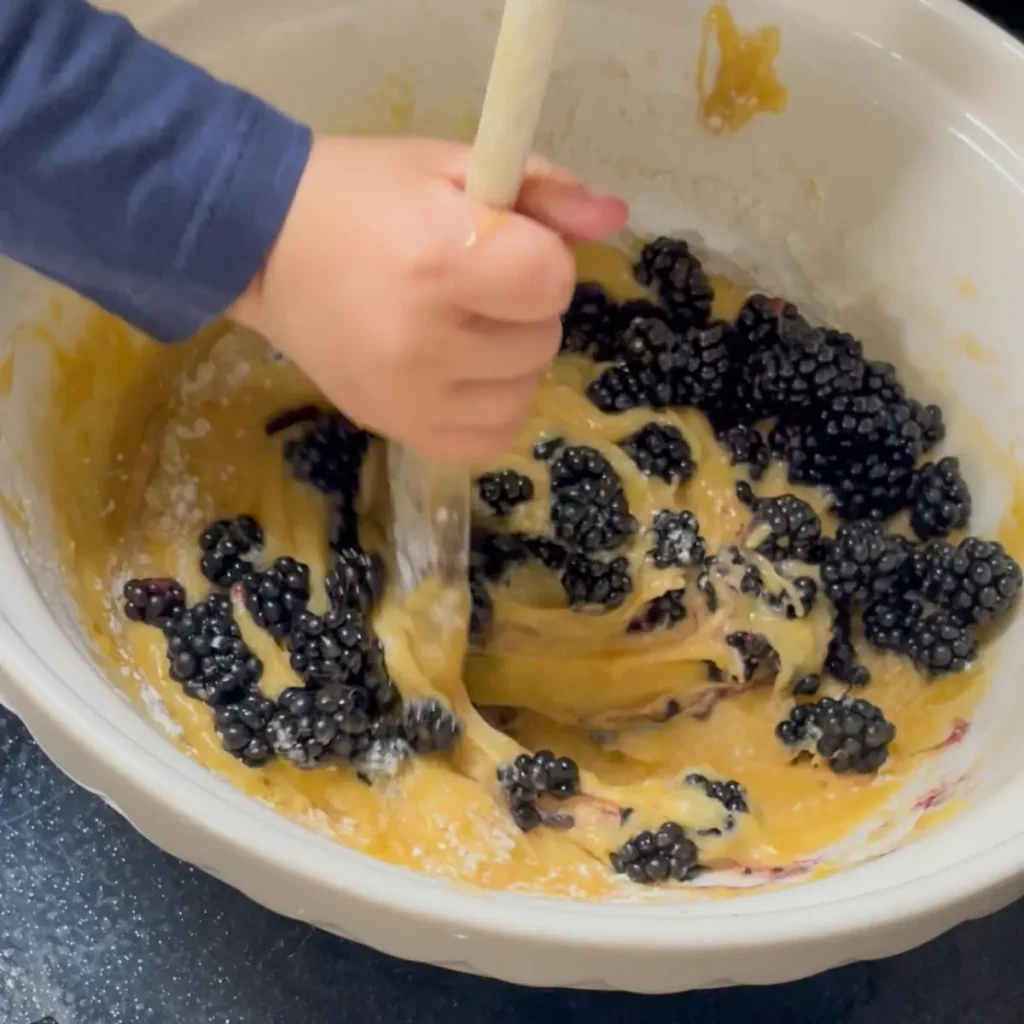 Blackberry loaf cake process shot 4 - mixing in the blackberries
