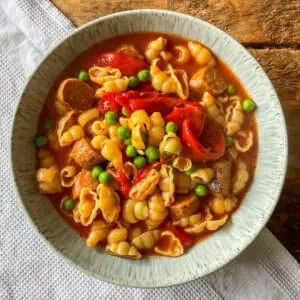 One pot sausage pepper pea pasta recipe