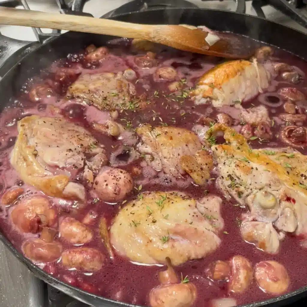 Cooking coq au vin pie - Adding the wine