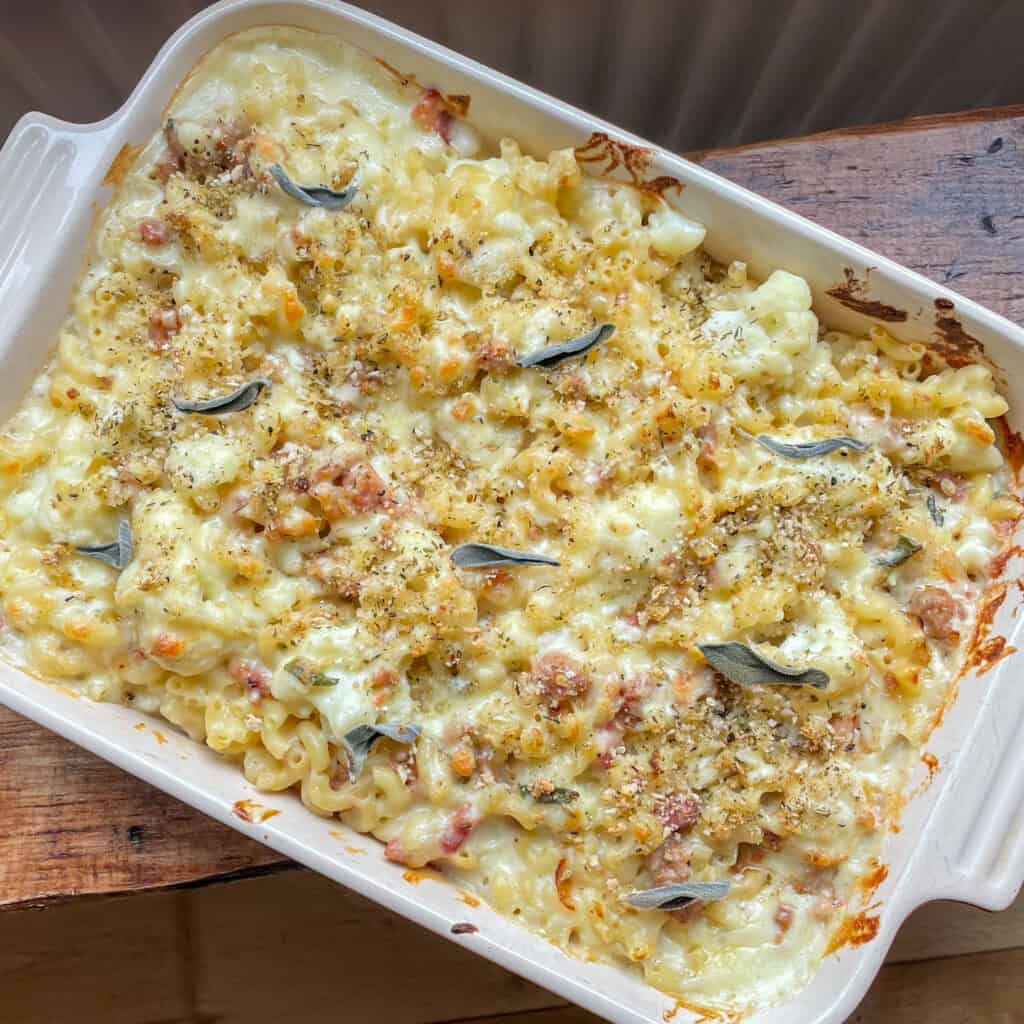 Christmas version of Mac and cheese with sausage pancetta and sage