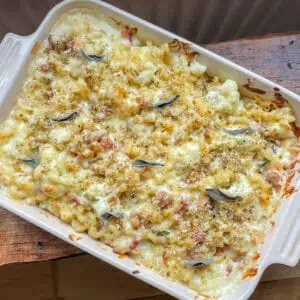 Christmas version of Mac and cheese with sausage pancetta and sage