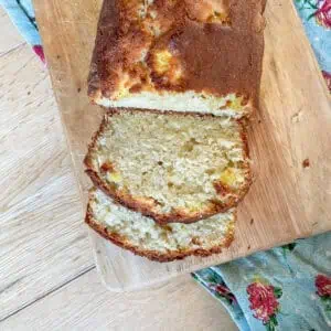 Coconut and mango loaf cake cut into slices