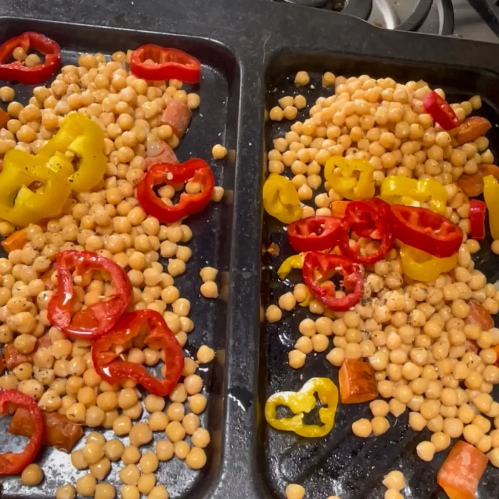 Process shot 1 - roasting carrots, chickpeas and peppers