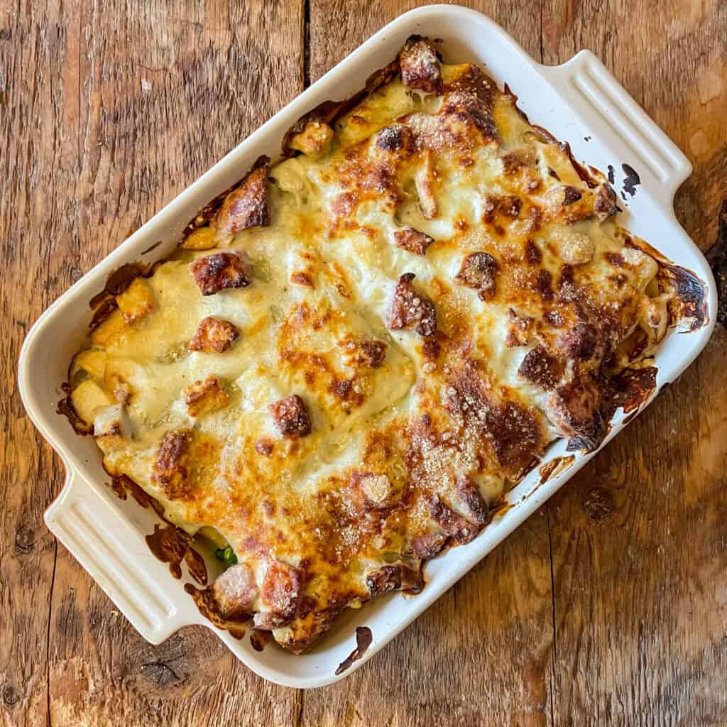 top view of a turkey and ham lasagne