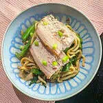 Slow-roasted Chinese-style pork with lo mein noodles