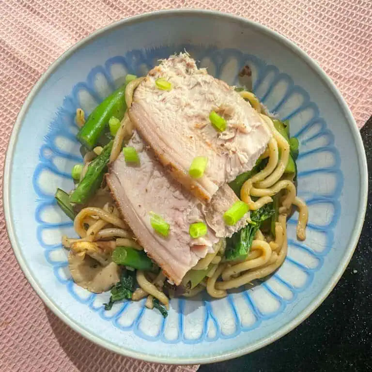 Slow-roasted Chinese-style pork with lo mein noodles