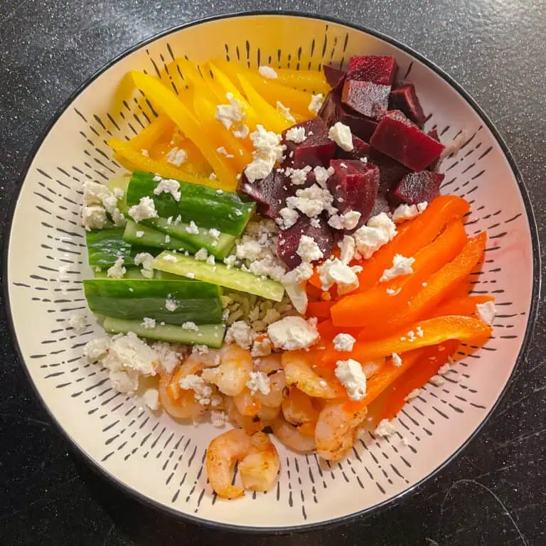 Warm Rice Salad With Garlic Prawns and Tahini Dressing