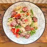 An easy and delicious smoked sausage recipe for dinner with egg fried rice