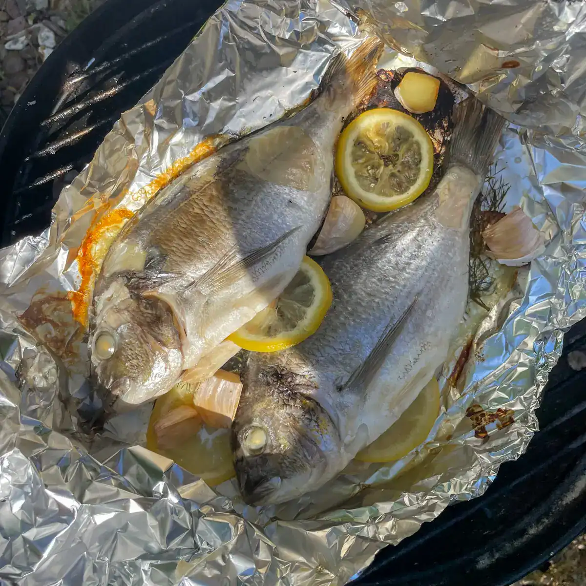 Grilled whole sea bream on the barbecue stuffed with lemon, garlic, and dill – simple summer fish recipe idea.
