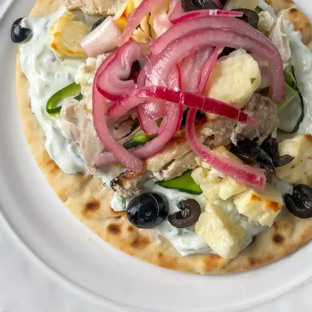 Chicken and halloumi flatbread with tzatziki