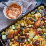 Easy Halloumi Tray Bake with Roasted Vegetables & Harissa Yoghurt