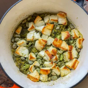 One pot halloumi orzo with broccoli and pesto in a pan