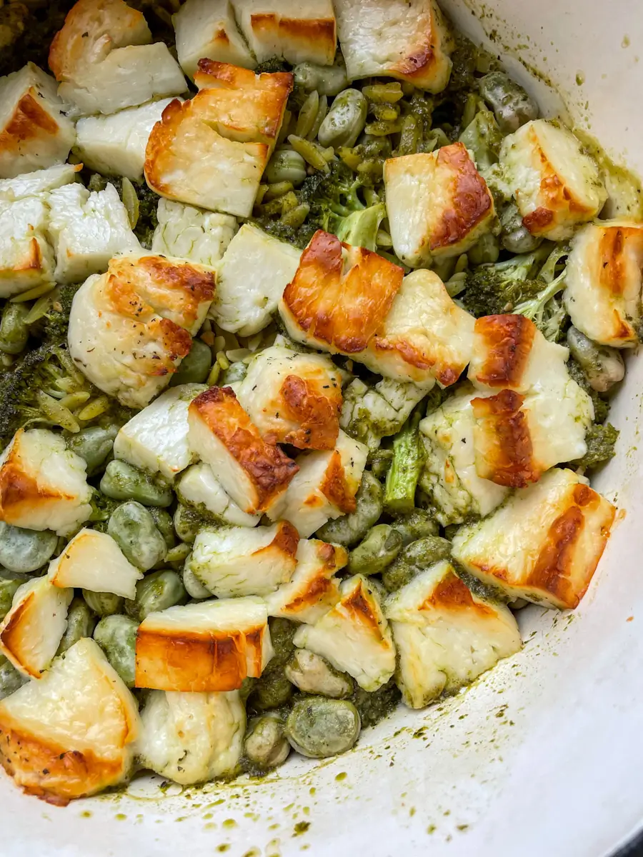 Close up of one pot halloumi orzo