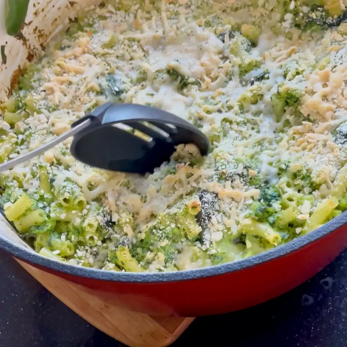 green goddess macaroni in a large oven dish being served