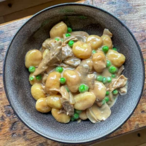 overhead view of hoisin duck gnocchi