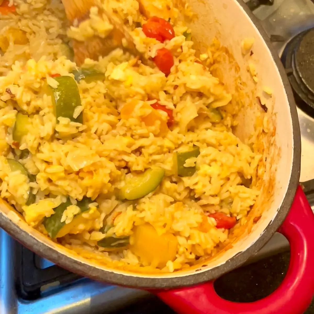 Baked halloumi rice with courgette tomatoes and butternut squash