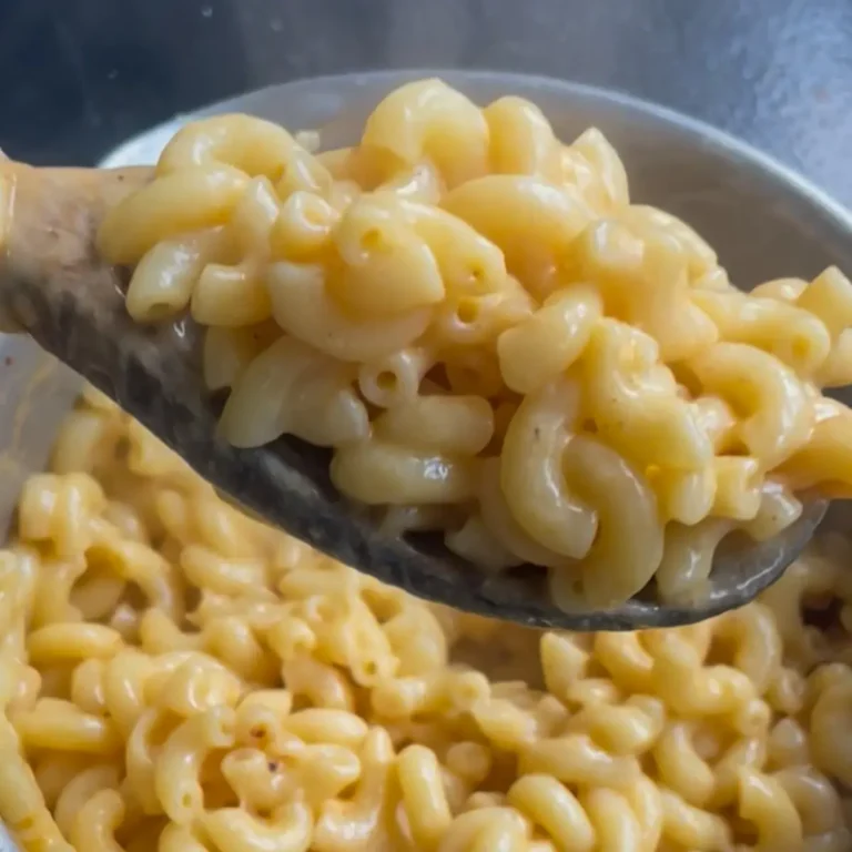 a close up of one pot Mac and cheese on a serving spoon