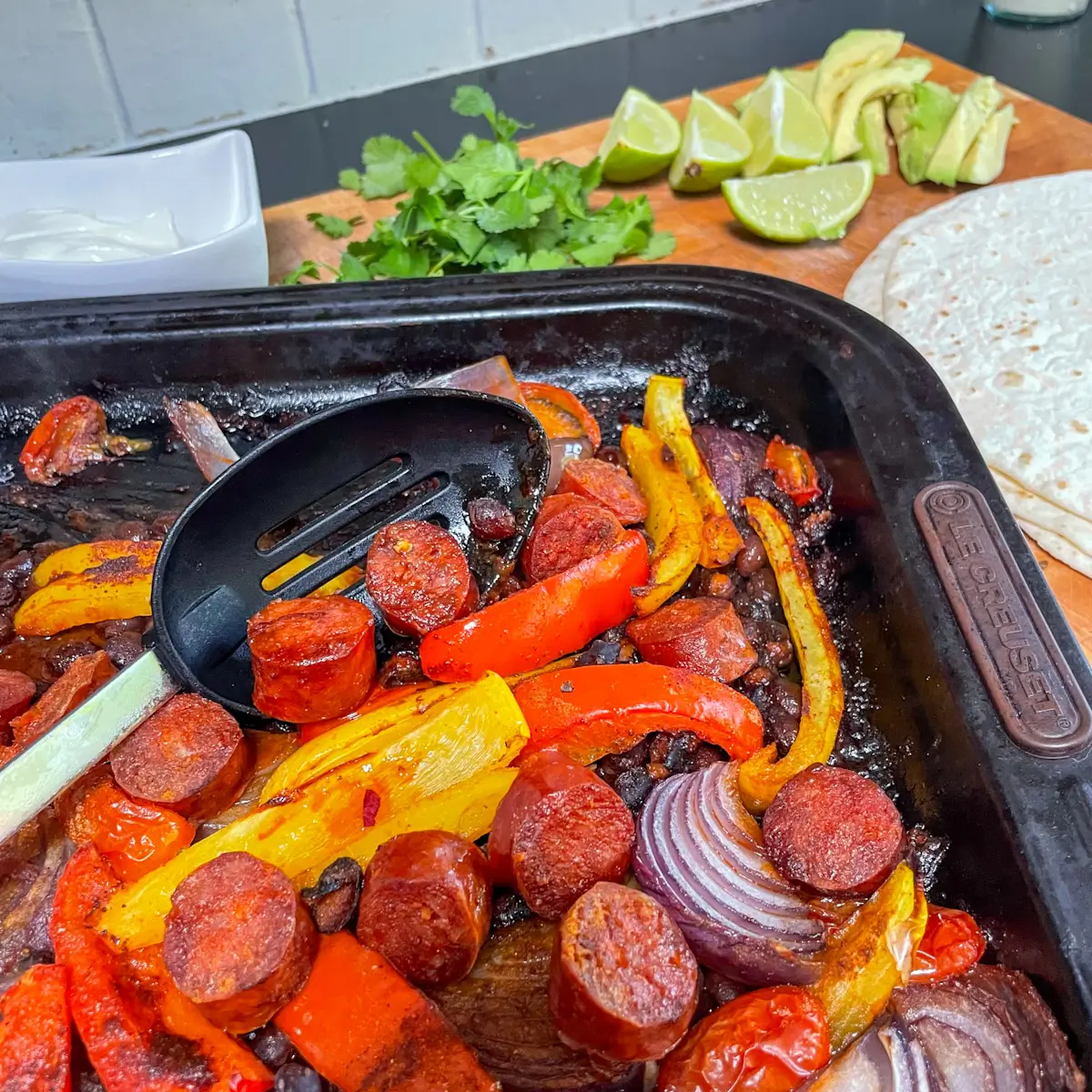 chorizo and black bean fajita mix ready to be served with wraps
