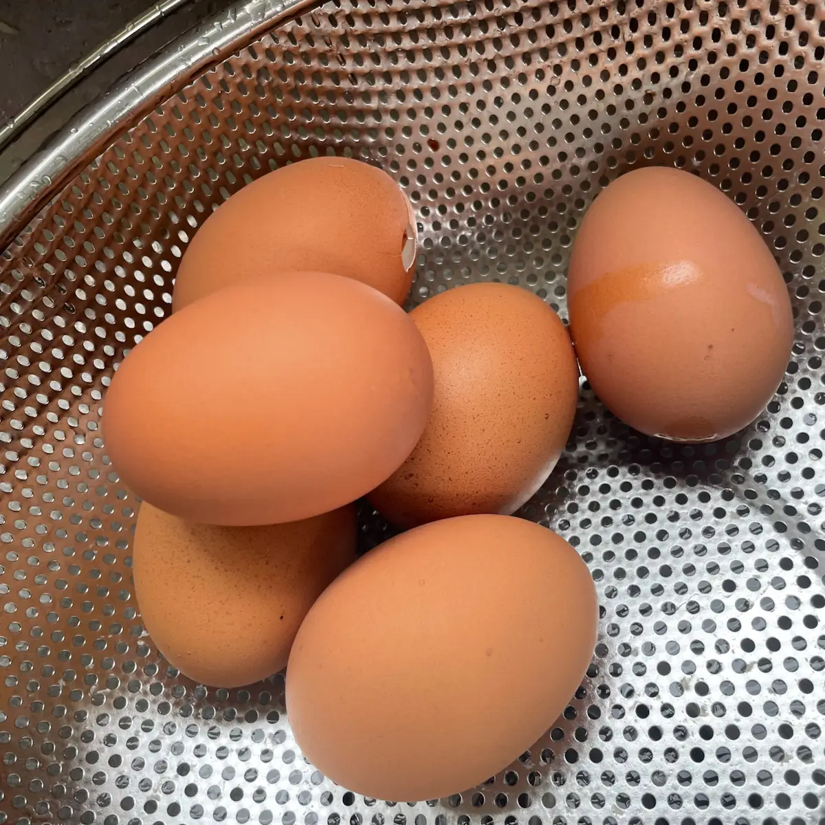 Boiled eggs being drained in a sieve