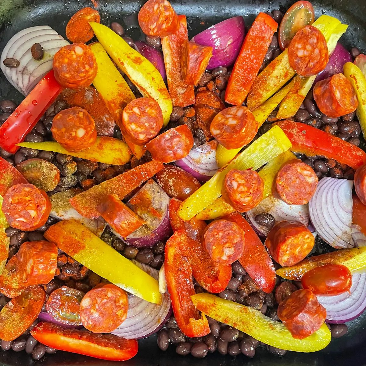 all ingredients on the tray ready to go in the oven